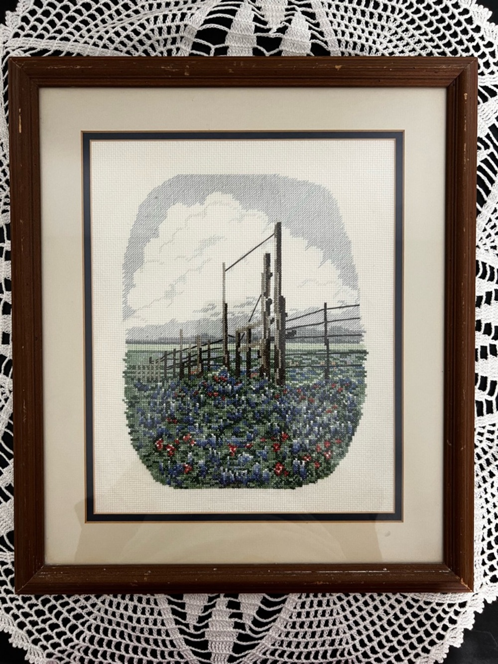 🌾✨ Vintage Texas Bluebonnet Needlepoint Landscape Framed Rustic Farmhouse Decor